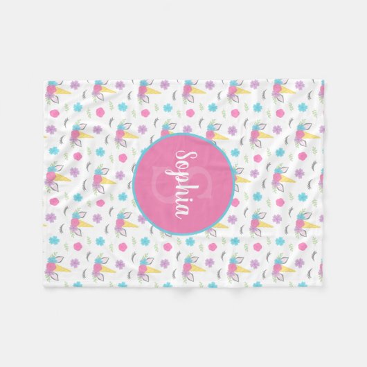 Blumenunicorn-Gesichts-personalisiertes Monogramm Fleecedecke (Vorderseite (Horizontal))