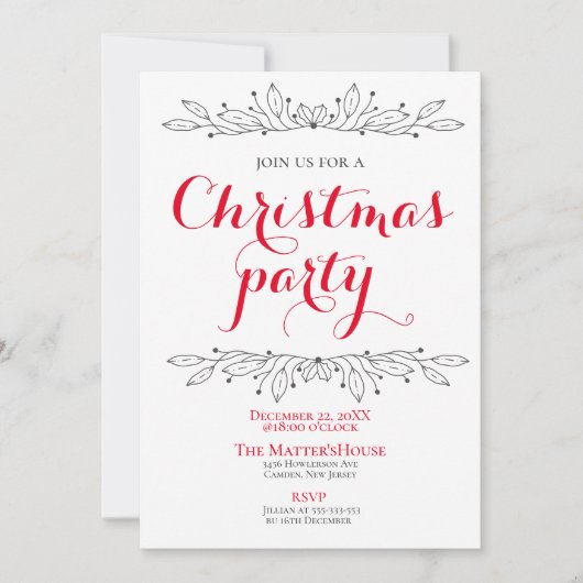 Blumenurlaub Weihnachten Rotes Grau Party Minimal Einladung (Vorderseite)