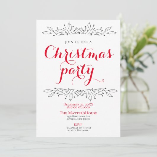 Blumenurlaub Weihnachten Rotes Grau Party Minimal Einladung (Stehend Vorderseite)