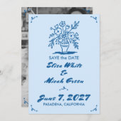 Blumenvase Rustikales Whimsisches Sketch Blaues Fo Save The Date (Vorne/Hinten)