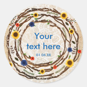 Blumenverzweigungen Rustikale Jute & Spitze Aufkle Runder Aufkleber