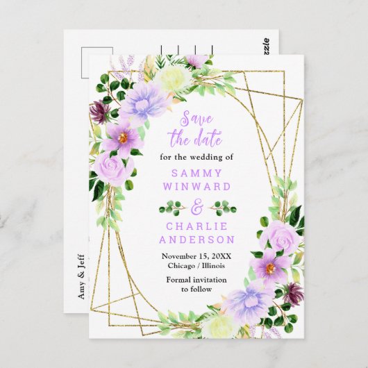 Blumenviolett-Hochzeit spart das Datum Postkarte (Vorne/Hinten)