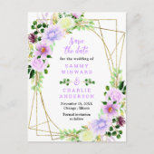 Blumenviolett-Hochzeit spart das Datum Postkarte (Vorderseite)