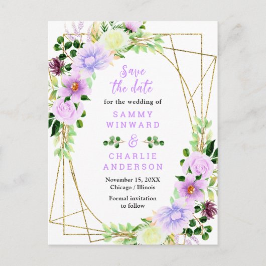 Blumenviolett-Hochzeit spart das Datum Postkarte (Vorderseite)