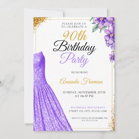 Blumenviolette Blumen 90. Geburtstag Einladung (Vorderseite)