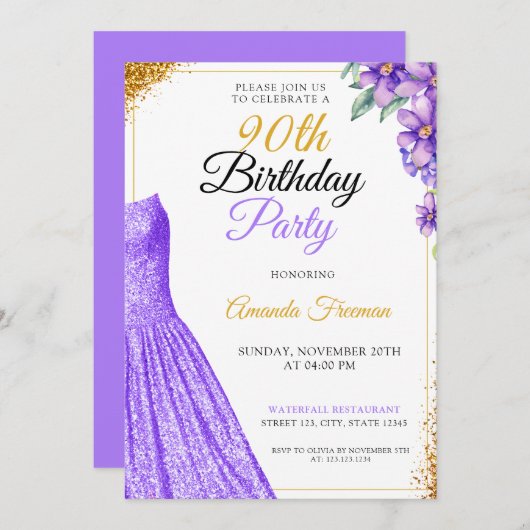 Blumenviolette Blumen 90. Geburtstag Einladung (Vorne/Hinten)