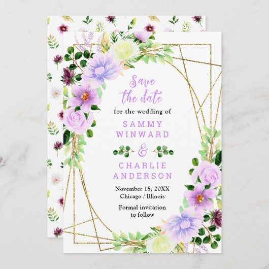 Blumenviolette Blumen mit Foliage Hochzeit Save The Date (Vorne/Hinten)
