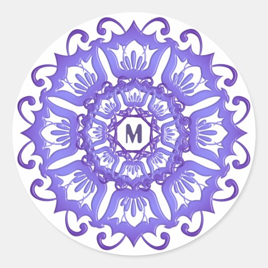 Blumenviolette Mandala. Monogramm. Runder Aufkleber (Vorderseite)