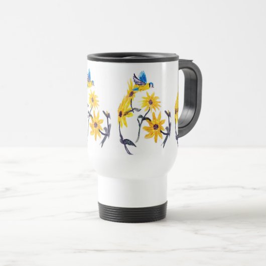 Blumenvogel Art, Blauer Tit Sonnenblumen Reisebecher (VorderseiteRechts)