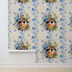Blumenvogel Bird Striped Blue Texture Creme Tapete