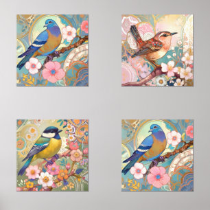 Blumenvögel Pastellfarben Rosa Blume und Vogelkuns Bilderwand Sets