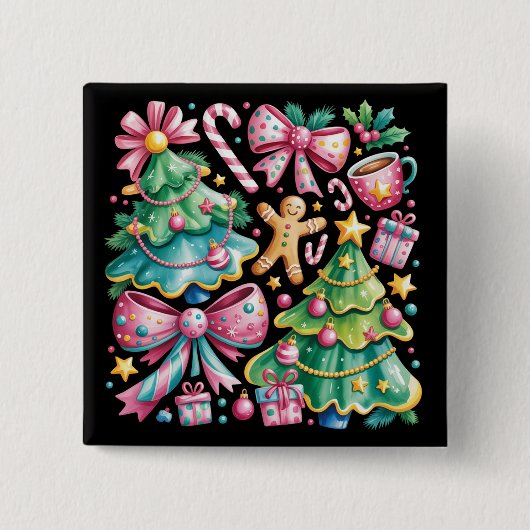Blumenvogel Xmas Tree Bow Coquette Pink Blau Button (Vorderseite)