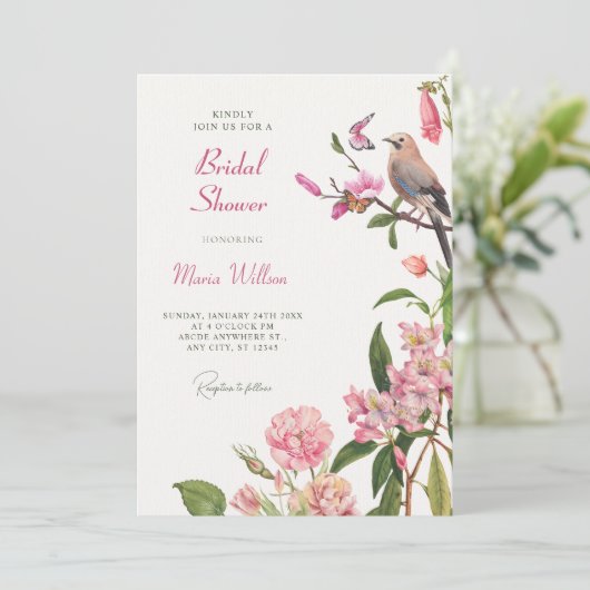Blumenvogelkunst-Brautparty Einladung (Stehend Vorderseite)