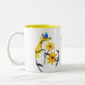 Blumenvogelkunst, Zitat von gelben Sonnenblumen Zweifarbige Tasse (Links)