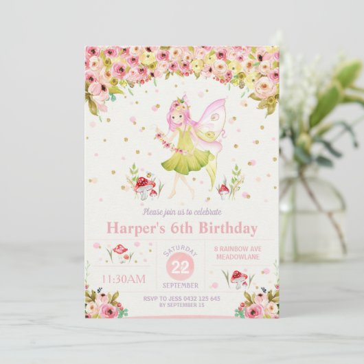 Blumenwald Fairy Birthday Invitation Girl Einladung (Stehend Vorderseite)