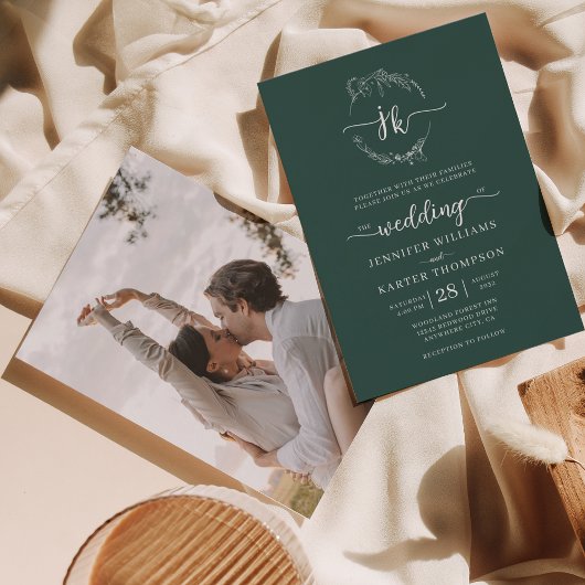 Blumenwald-Grüne Monogramm-Foto Hochzeit Einladung