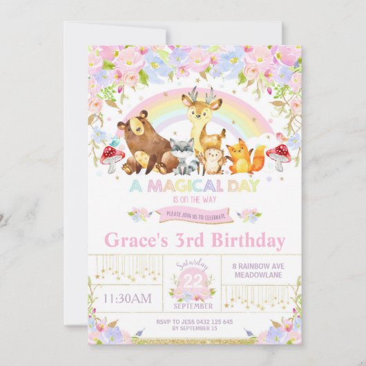 Blumenwaldtiere Einladung zur Geburtstagsfeier (Vorderseite)