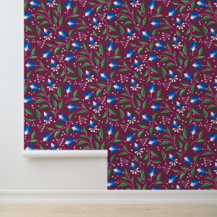Blumenwallpaper in Burgund und Deep Blue Tapete