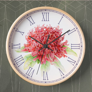 BlumenWanduhr roten waratah Aquarells Runde Wanduhr