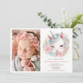 Blumenwasser-Baby-Einhorn, Foto Girl-Taufe Einladung (Stehend Vorderseite)