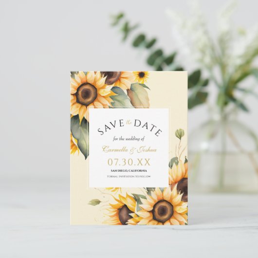 Blumenwasser-Foto Save the Date Sonnenblumen Postkarte (Stehend Vorderseite)
