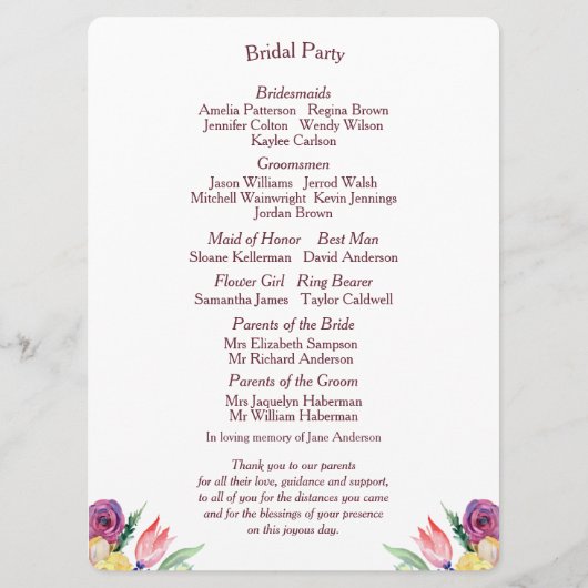 Blumenwasser-Hochzeitsprogramm für Weißfladen Programm (Rückseite)