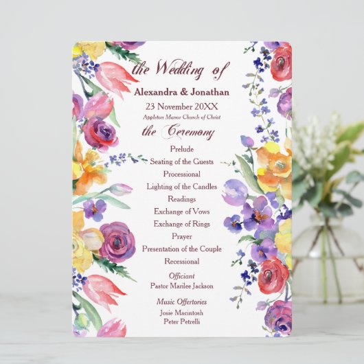 Blumenwasser-Hochzeitsprogramm für Weißfladen Programm (Stehend Vorderseite)