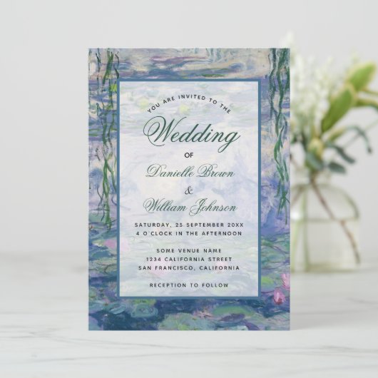 Blumenwasser Lilies Monet Malerei Elegante Hochzei Einladung (Stehend Vorderseite)