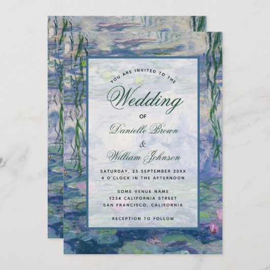 Blumenwasser Lilies Monet Malerei Elegante Hochzei Einladung (Vorne/Hinten)