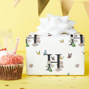 Blumenwasserfarbe-Schmetterling-Monogramm mit dem  Geschenkpapier
