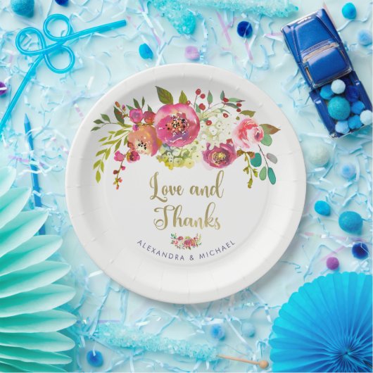 Blumenwatercolor-Hochzeits-Liebe und Dank des Pappteller (Party)