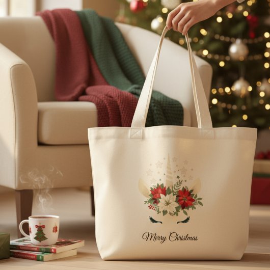 Blumenweih Unicorn | Frohe Weihnachten Jumbo Stoffbeutel