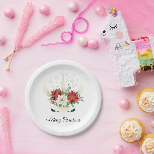 Blumenweih Unicorn | Frohe Weihnachten Pappteller (Party)