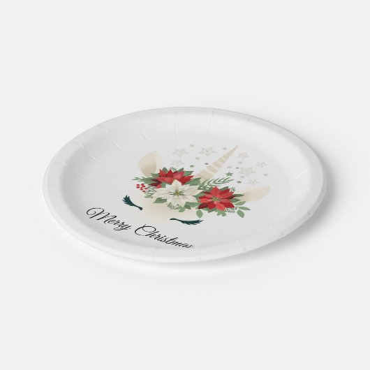 Blumenweih Unicorn | Frohe Weihnachten Pappteller (Schrägansicht)