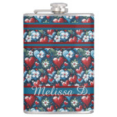 Blumenweihherzen in Rot Blau und Grün Flachmann (Vorderseite)