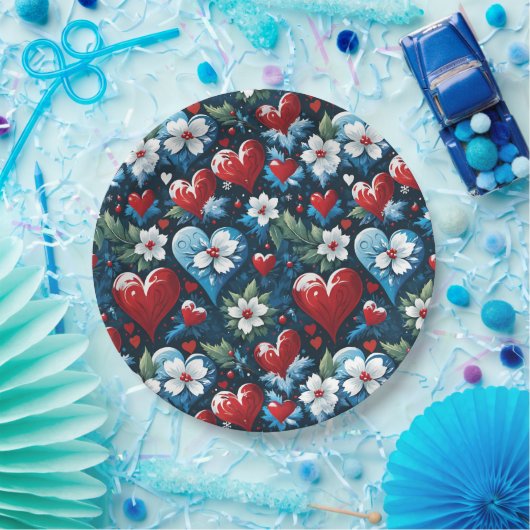 Blumenweihherzen in Rot Blau und Grün Pappteller (Party)