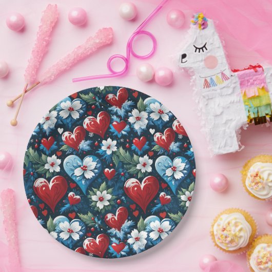 Blumenweihherzen in Rot Blau und Grün Pappteller (Party)