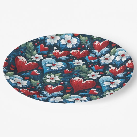 Blumenweihherzen in Rot Blau und Grün Pappteller (Schrägansicht)