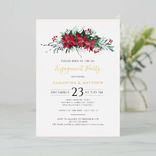 Blumenweihnachtskonzept Party Script Gold Folieneinladung (Stehend vorne)