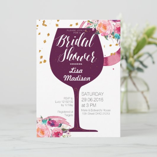 Blumenwein Bridal Dusche Einladung (Stehend Vorderseite)