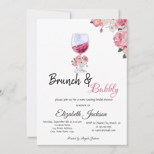 Blumenwein GlasS Brunch & Bubbly Brautparty Einladung (Vorderseite)