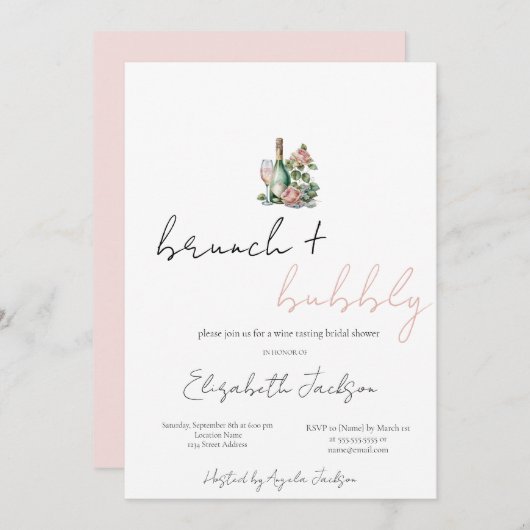 Blumenwein Set Brunch & Bubbly Brautparty Einladung (Vorne/Hinten)