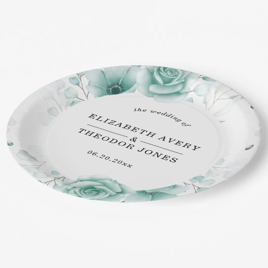 Blumenweise Personalisierte Grüntöne Hochzeit von Pappteller (Schrägansicht)