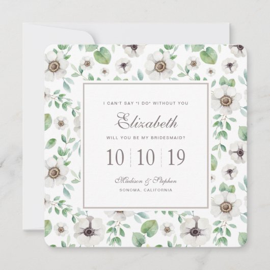 Blumenweiße Anemone des Aquarell-| - Brautjungfer Einladung (Vorderseite)