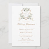 Blumenweiße Grüne Monogram Wappen Hochzeit Einladung (Vorderseite)