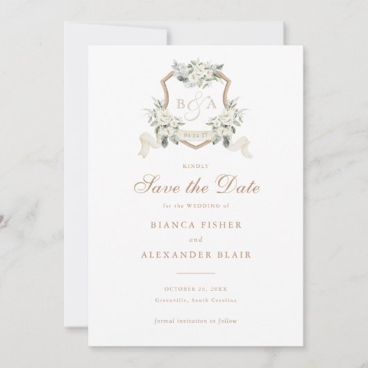 Blumenweiße Grünpflanzen Wappen Save the Date Einladung (Vorderseite)