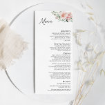 Blumenweiße Hochzeitsmenü Menükarte<br><div class="desc">Dieses blütenweiße Hochzeitsflachdesign besticht durch seine eleganten, neutralen Schwarz-Weiß-Hintergründe mit schlichter moderner Typografie und eleganter Kalligrafie. Set für jeden Veranstaltungsstil. Jedes Produkt ist mit wunderschönen, rosa Rosen mit üppigen Rosen und pfirsichfarbenen und elfenbeinigen Hydrangeas, die mit üppigen Eukalyptus- und grünen Blattdetails, zusammen mit zeitlosen geometrischen goldenen Rahmen für ein luxuriöses...</div>
