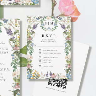 Blumenwiese Frühling QR-Code Hochzeit RSVP Karte