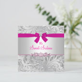 Blumenwirbel & Bow Pink 16 . Geburtstag Einladung (Stehend Vorderseite)