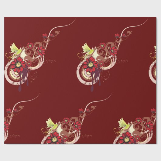 Blumenwirbel mit roten Blume und Hummingbird Geschenkpapier (Flach)